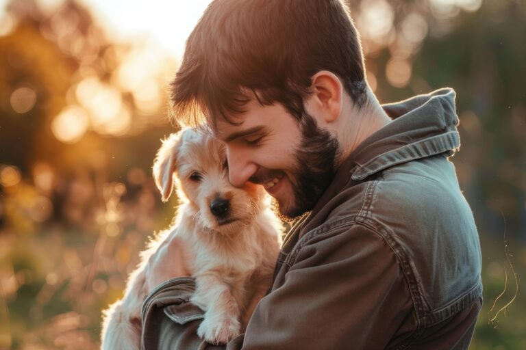 cremazione-animali primo piano di ragazzo sorridente con in braccio il suo cagnolino bianco